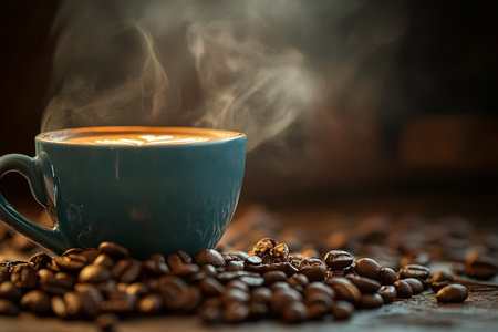 Coffee cup and coffee beans on wooden table with smoke.の素材