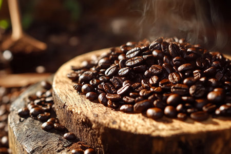 Coffee beans on a wooden background, close-up.の素材