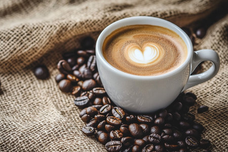 Coffee cup and coffee beans on sackcloth background, stock photoの素材