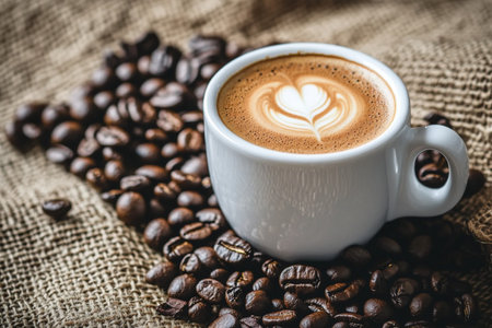 Coffee cup and coffee beans on sackcloth background. Vintage tone.の素材