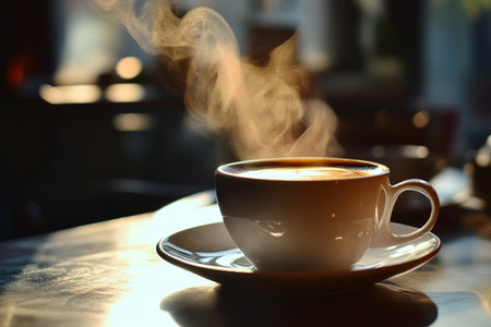 Cup of coffee on the table in a cafe at sunset.の素材