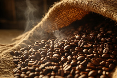 Roasted coffee beans in burlap sack on wooden table, closeupの素材