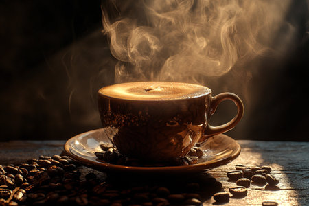 Coffee cup and coffee beans on wooden table with smoke.の素材