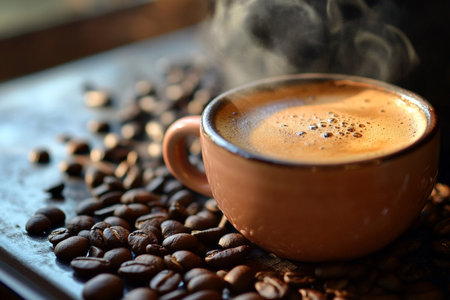 Coffee cup and coffee beans on a wooden table, selective focusの素材