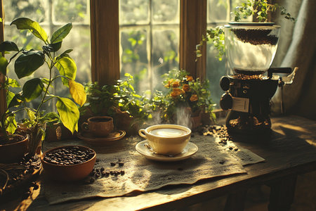 Coffee grinder and cup of coffee on the windowsillの素材