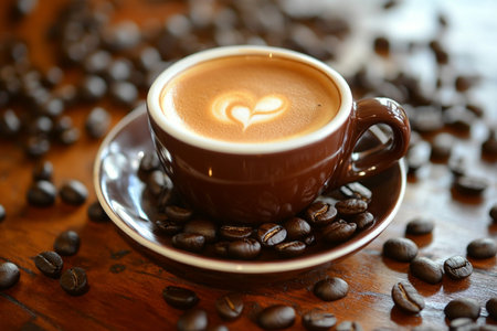 Coffee cup and coffee beans on a wooden table, shallow depth of fieldの素材