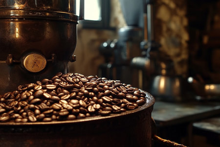 Roasted coffee beans on the background of a vintage coffee grinderの素材