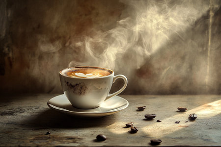 Coffee cup with coffee beans on wooden table and smoke backgroundの素材