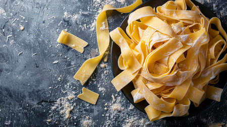 Raw tagliatelle pasta with flour on dark background, top viewの素材