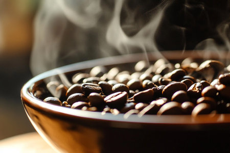 Coffee beans in a bowl with smoke on a wooden tableの素材