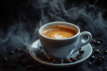 Coffee cup with coffee beans and smoke on dark background.の素材