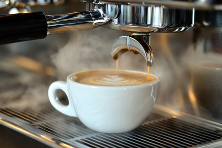 Barista making cappuccino in coffee shop, closeupの素材