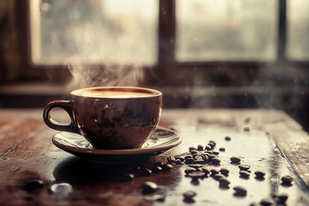 Coffee cup and coffee beans on a wooden table. Vintage style.の素材