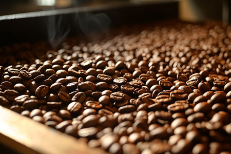 Roasted coffee beans in a roasting machine, close-upの素材