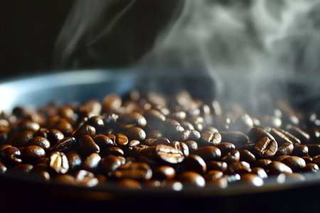Coffee beans in a pan with smoke on a black backgroundの素材