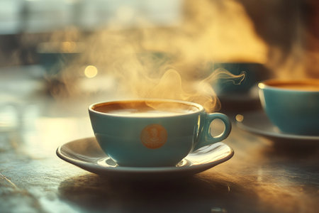 Cup of coffee on the table in the cafe. Selective focus.の素材