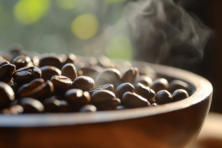 Coffee beans in a wooden bowl with smoke on the backgroundの素材