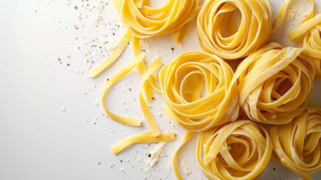 Uncooked tagliatelle pasta on white background, top viewの素材