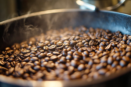 roasted coffee beans in a cauldron, close-up.の素材