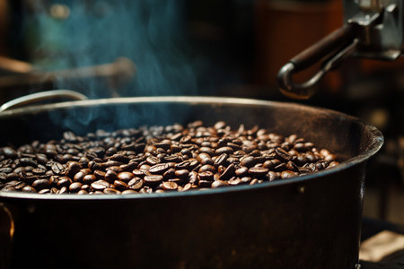 Roasted coffee beans in a cauldron on the background of smokeの素材