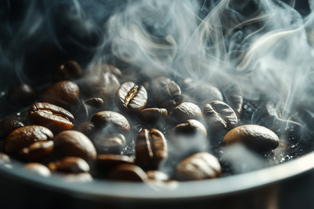 Coffee beans in a pan with smoke on a dark backgroundの素材