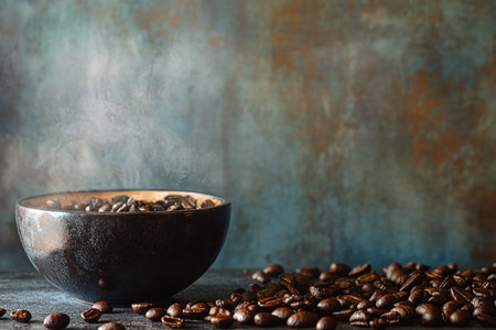 Coffee cup and coffee beans on old wooden table with copy spaceの素材