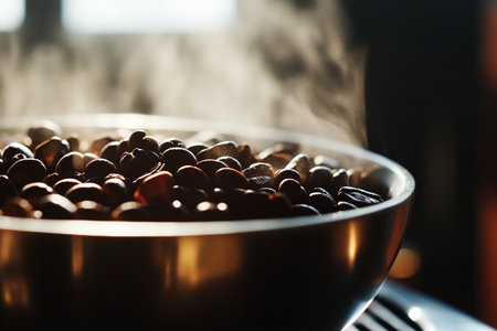 Coffee beans in a metal bowl on a hot stove.の素材
