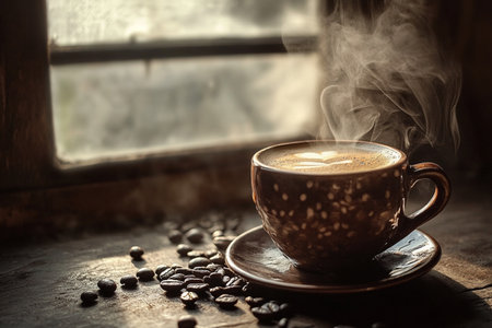 A cup of coffee and coffee beans on a wooden table near the windowの素材