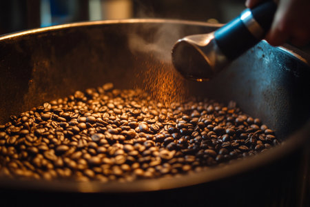 Coffee beans being roasted in a roasting pan in a coffee shopの素材