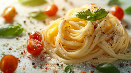 Tasty pasta with basil and cherry tomatoes on table, closeupの素材