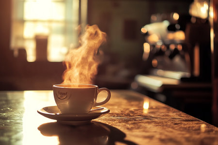 Coffee cup on table in coffee shop, vintage color toneの素材