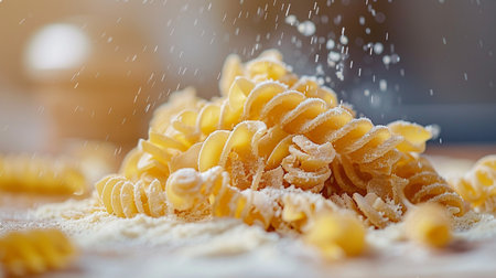 Fusilli pasta with flour on the kitchen table, close upの素材