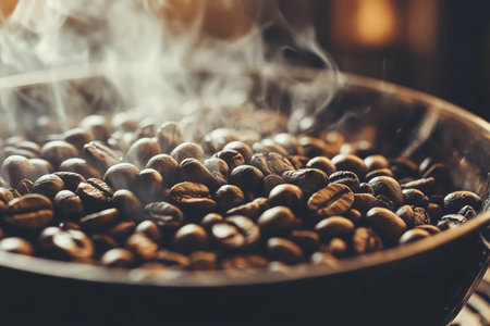 Roasted coffee beans in a bowl with smoke. Close up.の素材