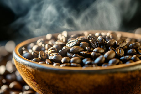 Coffee beans in wooden bowl and smoke on black background.の素材