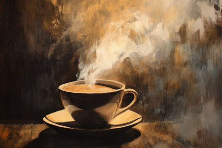 Cup of coffee with smoke on a dark background, still lifeの素材
