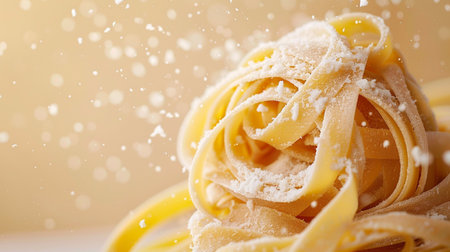Closeup of uncooked tagliatelle with flour and falling snowの素材