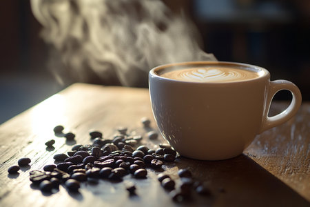 Coffee cup and coffee beans on wooden table in coffee shopの素材