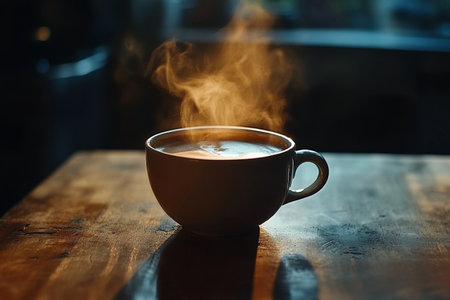 Coffee cup with steam on wooden table in coffee shop.の素材