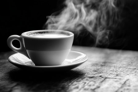 Cup of coffee on a wooden table. Black and white.の素材