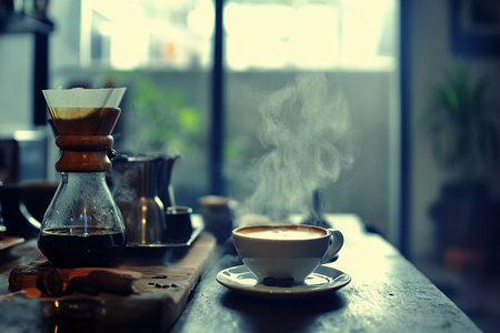 Coffee in a white cup on a wooden table in a cafeの素材