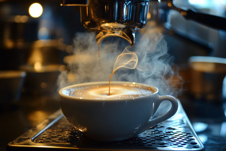 Coffee machine making cappuccino in a white cupの素材