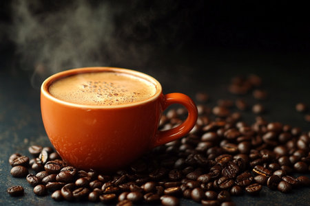 Cup of coffee with coffee beans on dark background, closeupの素材