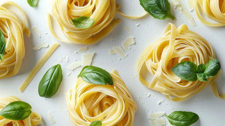 Pasta with basil and parmesan on white background, top viewの素材