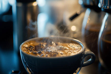 Close up of a cup of coffee with smoke on the background.の素材
