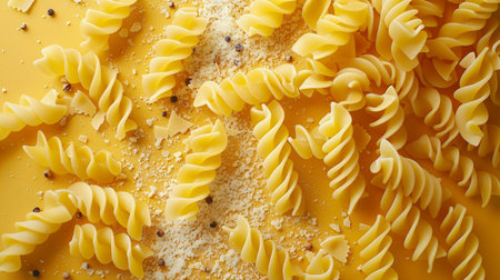 Close-up of italian pasta fusilli with flour and spicesの素材