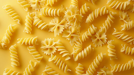 Pasta on a yellow background. Food background. Top view.の素材