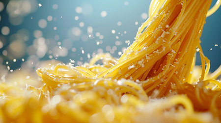 close up of italian pasta on blue background with splashes of waterの素材
