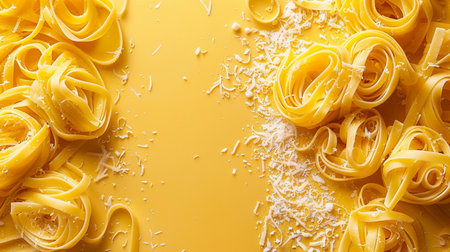 Raw tagliatelle pasta on yellow background. Top view.の素材