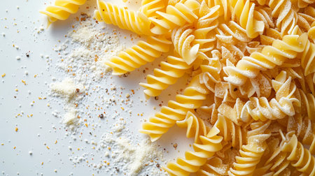 close up of italian pasta fusilli on a white backgroundの素材