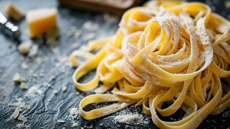 Raw homemade pasta tagliatelle with parmesan cheese on black backgroundの素材